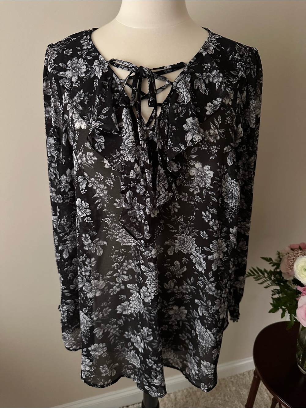 Black Floral Tie-Neck Long Sleeve Top